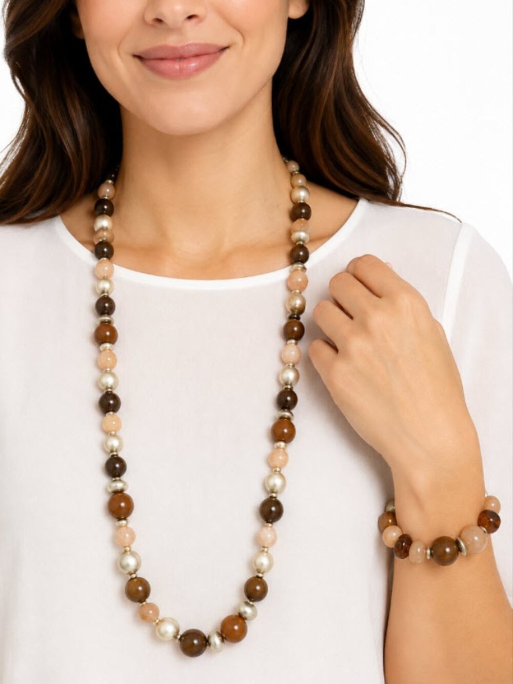 Silver Brown Beige Beaded Necklace and bracelet